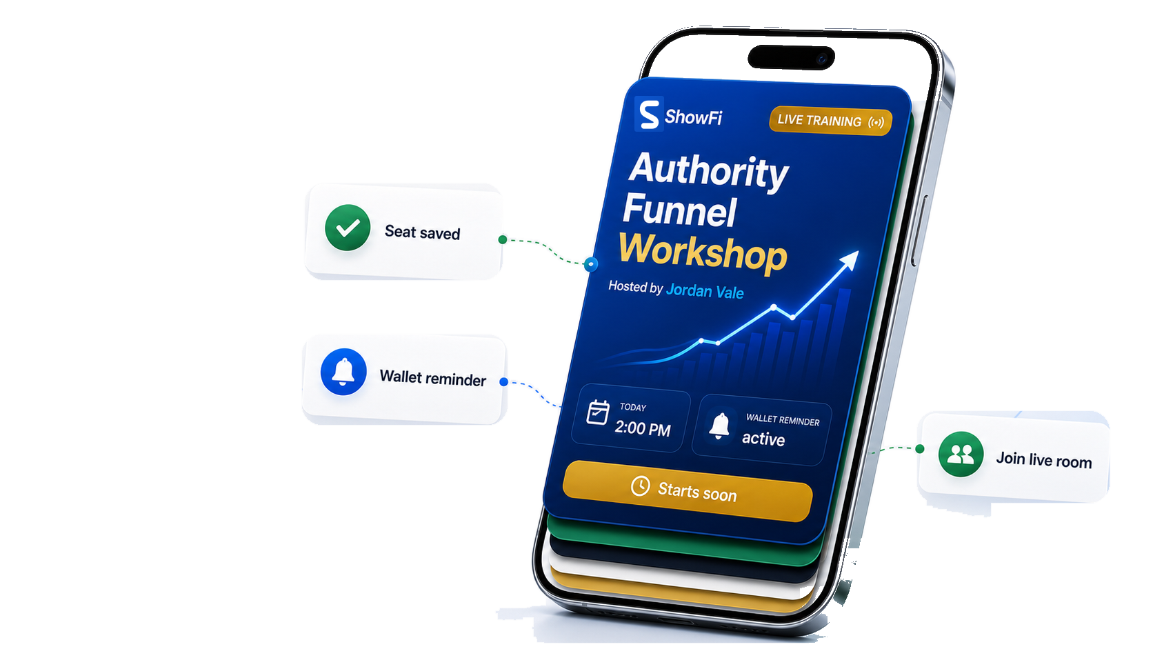 Phone showing a ShowFi authority workshop wallet pass with seat saved, wallet reminder, and join live room cards